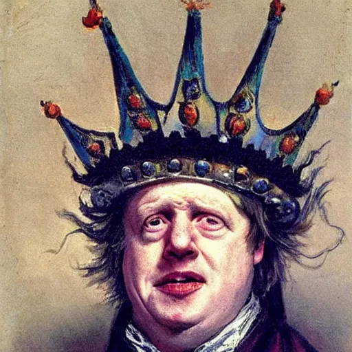 Image similar to boris johnson, wearing a crown, making a silly face, oil painting by jan matejko