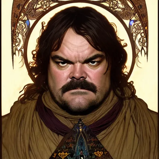 Prompt: full portrait of jack black as king friday, fantasy, d & d, intricate, detailed, by by alphonse mucha, adolfo hohenstein, alice russell glenny, stanley artgerm lau, greg rutkowski, detailed, trending on artstation, trending on artstation, smooth