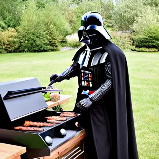 Prompt: darth vader manning the grill at his family backyard barbecue