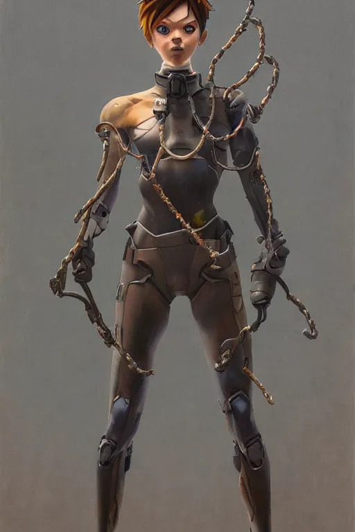 Image similar to full figure, painting of tracer from overwatch, in style of zdzisław beksinski, horror, 4 k, feminine facial features, full armor, full armor, detailed face, tall, dark ropes and chains in background