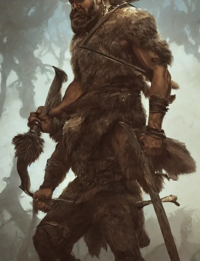Image similar to portrait of a gruff ranger with a spear, accompanied by a black wolf, muscular, handsome face, hairy body, D&D, fantasy, intricate, elegant, highly detailed, digital painting, artstation, concept art, matte, sharp focus, illustration, art by Artgerm and Greg Rutkowski and Alphonse Mucha