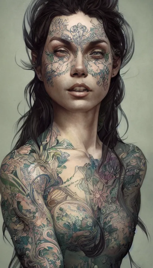 Image similar to tattooed lady, sweaty, insane, intricate, highly detailed, digital painting, artstation, concept art, smooth, sharp focus, illustration, Unreal Engine 5, 8K, art by artgerm and greg rutkowski and alphonse mucha