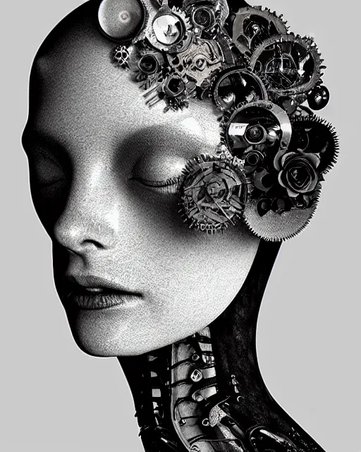 Image similar to black and white dreamy foggy smoky profile face portrait, one silver steampunk eye biomechanical beautiful young female cyclope - cyborg - robot bust, body ribs meshes,, volumetric light, hibiscus flowers, by hg giger, rim light, by dora maar and cecile beaton, big gothic fashion pearl embroidered collar, 8 k