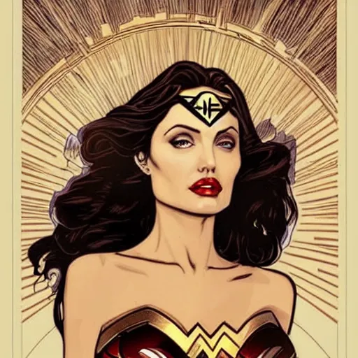Image similar to angelina jolie as wonder woman, mucha style, symetrical art deco poster illustration highly detailed,