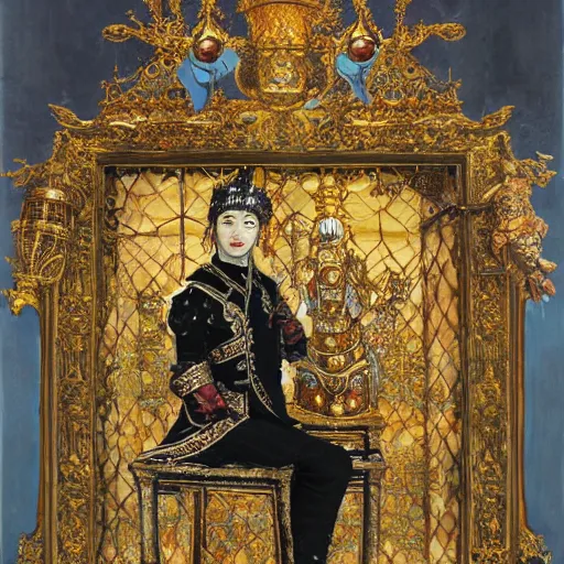 Prompt: a king covered in a suit of ornate brass armor sitting on a throne with leg crossed, a window behind him shows a view of space, by yoshitaka amano, oil paint