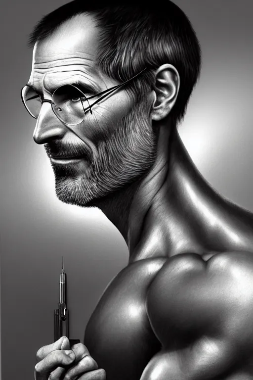 Image similar to portrait of steve jobs posing while stopming on a windows pc ultra realistic illustration, a hulking herculean gigachad, bulging muscles, intricate, highly detailed, digital painting, artstation, radiant light, caustics, war hero, concept art, smooth, sharp focus, by gaston bussiere, bayard wu, giger, maxim verehin