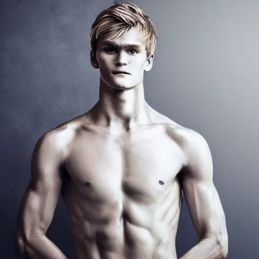 Image similar to a realistic detailed photo of a guy who is an attractive humanoid who is half robot and half humanoid, who is a male android, soccer player martin ødegaard, shiny skin, posing like a statue, blank stare, in a living room, on display, showing off his muscles