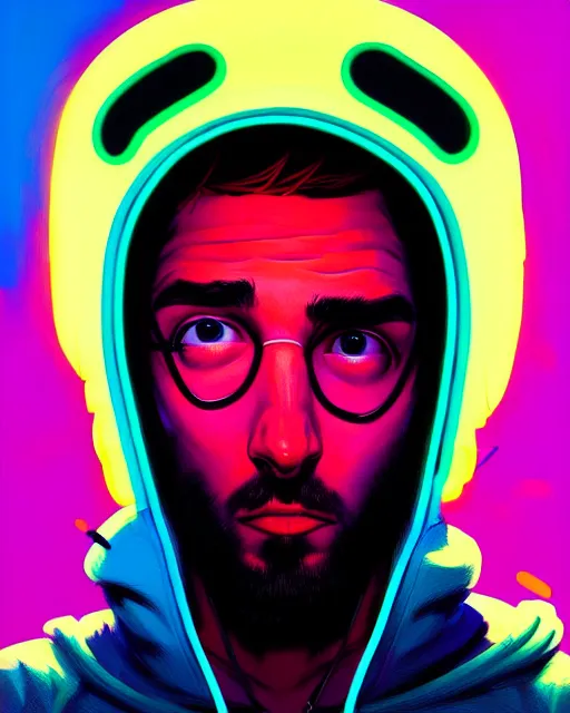 Image similar to edm art, pop art, hyper - realistic detailed portrait of a man in a hoodie, with neon visor, by atey ghailan, by greg rutkowski, by greg tocchini, by james gilleard, by joe fenton, by kaethe butcher, sharp focus