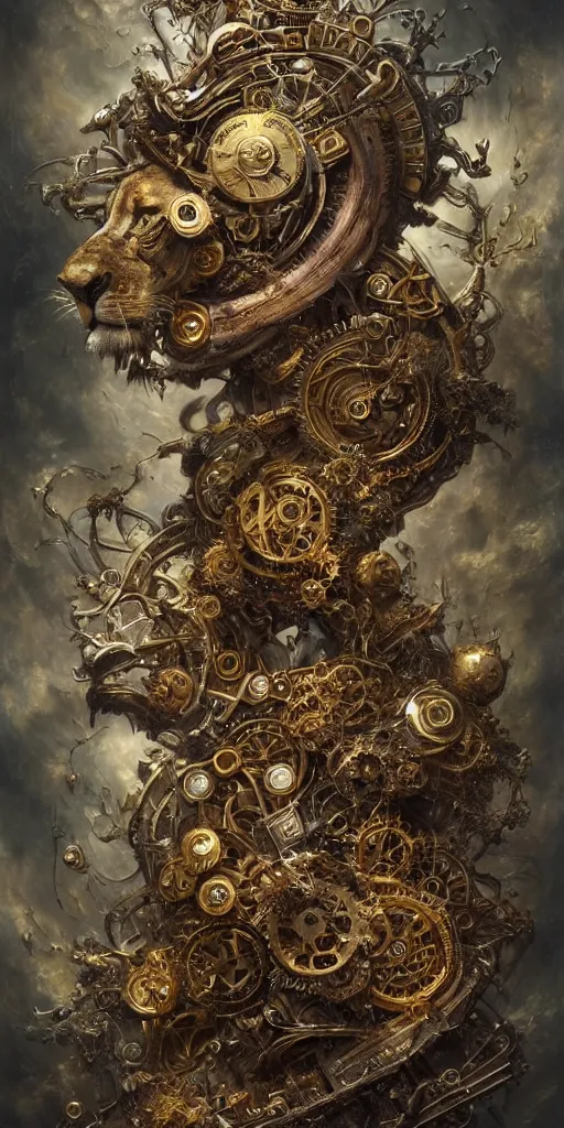 Prompt: a beautiful detailed 3 d matte portrait of a clockwork lion, by ellen jewett, by tomasz alen kopera, by justin gerard, ominous, magical realism, texture, intricate, skull, skeleton, gold coins, money, whirling smoke, alchemist bottles, radiant colors, fantasy, volumetric lighting, high details