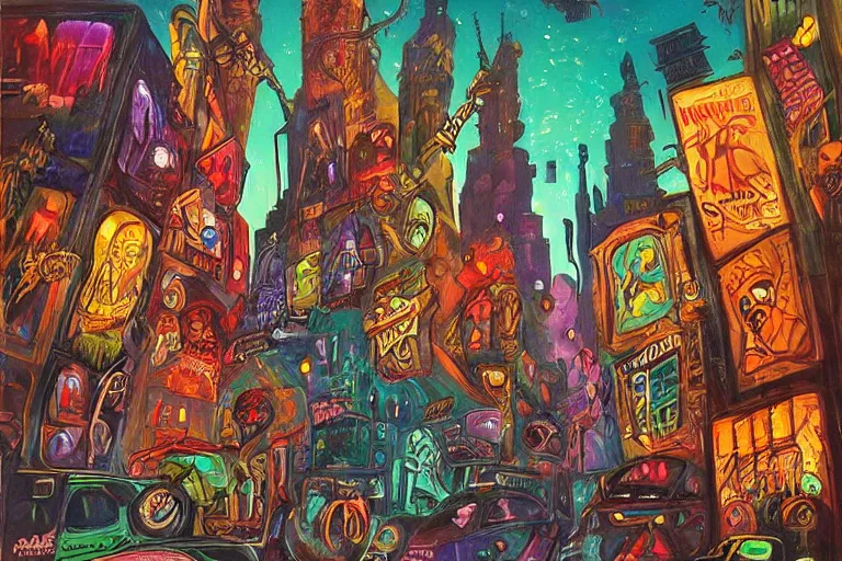 Image similar to surreal colorful nightmarish cityscape, artwork by Ralph Bakshi