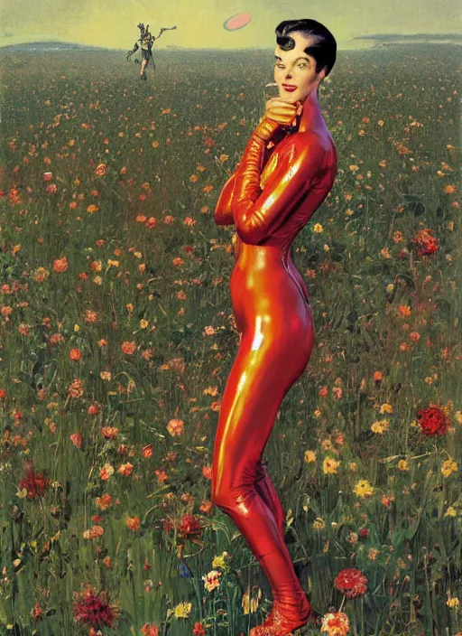 Image similar to tall elegant woman wearing a latex spacesuit standing in flowery martian meadow, by norman rockwell, jack kirby, jon berkey, earle bergey, craig mullins, ruan jia, jeremy mann, tom lovell, marvel, astounding stories, 5 0 s pulp illustration, scifi, fantasy