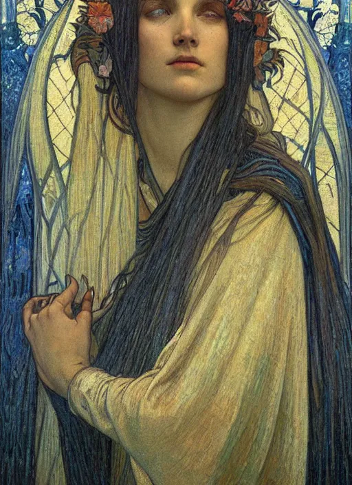 Image similar to detailed realistic beautiful young medieval queen face portrait by jean delville, alphonse mucha, vincent van gogh, and marco mazzoni, art nouveau, symbolist, visionary, gothic, pre - raphaelite