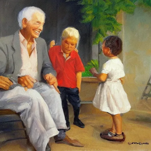 Prompt: child giving old people economic advice oil painting