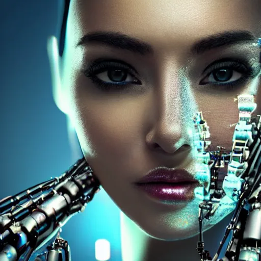 Image similar to close up on a woman\'s face with a log of cybernetic components. Futuristic city in the background. Very detailed. 55mm lens