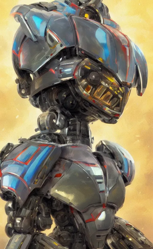 Image similar to upper half portrait of army mecha robot, art by stanley artgem lau, highly detailed, digital painting, concept art, illustration, smooth sharp focus, intricate, symmetry, artstation, colourful,