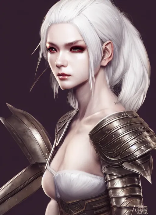 Image similar to warrior, fur - lined armor!!! beautiful and elegant white hair female!! gorgeous ayes!! character concept art, sharp focus, octane render! unreal engine 5! highly rendered!! trending on artstation!! detailed linework!! illustration by artgerm, wlop, and chie yoshii