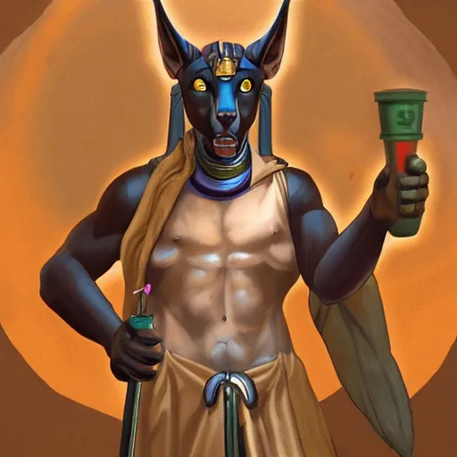 Image similar to Anubis God working at Starbucks, very detailed, artstation, illustration, masterpiece, digital art, Oil Painting, Furry Art