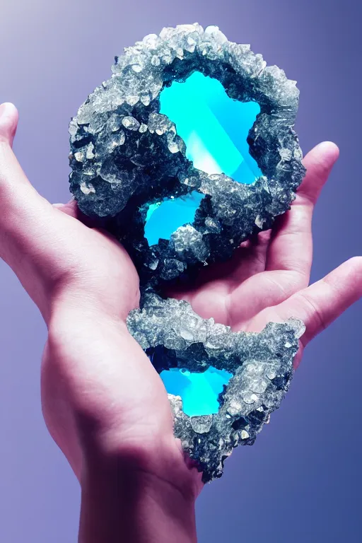 Image similar to very beautiful crystal and geode, shaped like a hand, refraction, cinematic color grading, hyperrealism, elegant, detailed, octane render, 8 k