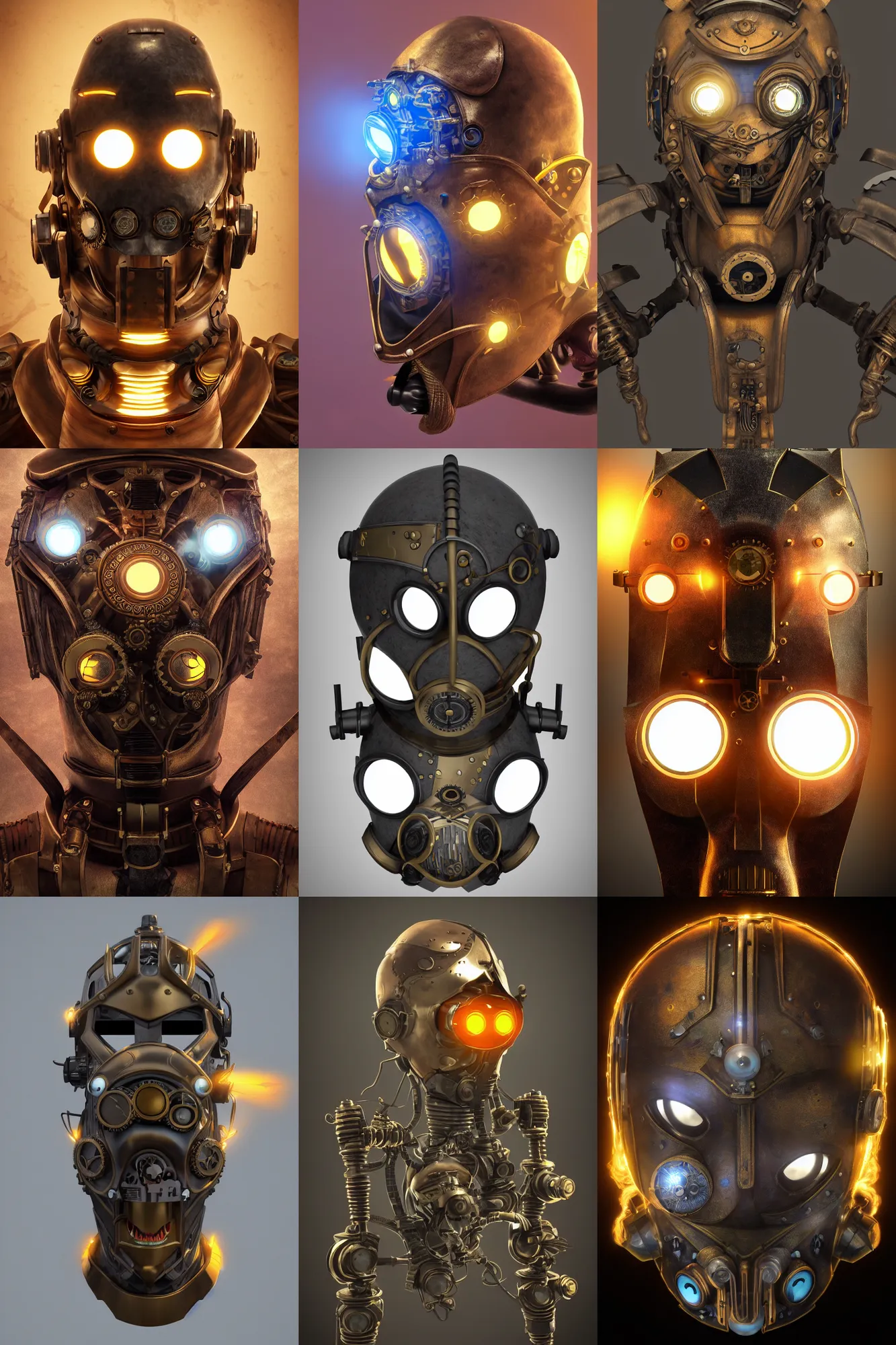 Image similar to steampunk mask minimalist fantasy art robot ninja helmet, global illumination ray tracing hdr fanart arstation by sung choi and eric pfeiffer and gabriel garza and casper konefal radiating a glowing aura