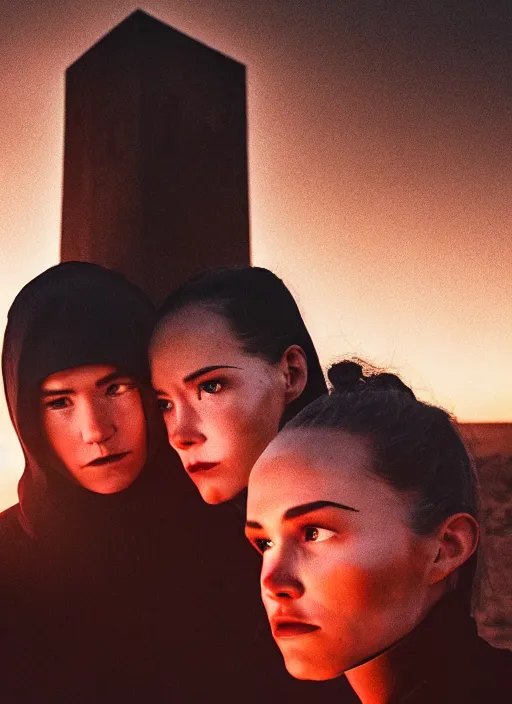 Image similar to cinestill 5 0 d photographic portrait of two loving female androids wearing rugged black techwear on a desolate plain with a brutalist monument and a red sky, extreme closeup, cyberpunk style, dust storm, 8 k, hd, high resolution, 3 5 mm, f / 3 2, ultra realistic faces, ex machina