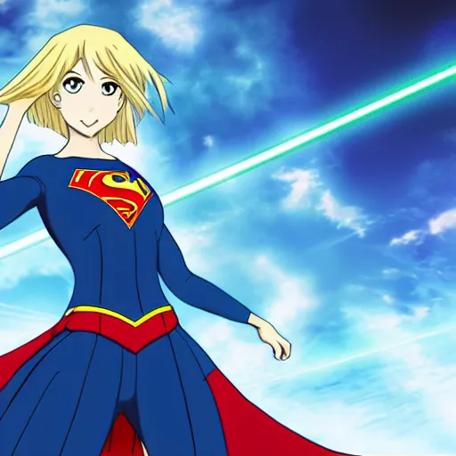 Prompt: anime visual of supergirl, laserbeam from eyes, official media