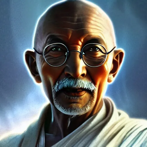 Image similar to a photorealistic portrait of ghandi as a jedi in star wars cinematic lighting, photorealistic, octane render, 8 k, depth of field, 3 d, art by artgerm and greg rutkowski and alphonse mucha and uang guangjian and gil elvgren and sachin ten