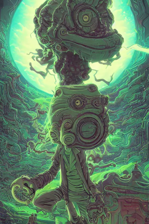 Image similar to rick and morty fused with lovecraft and the blob, high details, intricate details, by vincent di fate, artgerm julie bell beeple, 90s, Smooth gradients, octane render, 8k, volumetric lightning, High contrast, depth of field, very coherent symmetrical artwork