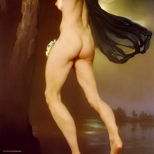 Image similar to awe-inspiring award-winning concept art painting of attractive figure in black shrouds called the ghost of the moonbow queen, rainbow, by Michael Whelan, William Adolphe Bouguereau, John Williams Waterhouse, and Donato Giancola, cyberpunk, extremely moody lighting, glowing light and shadow, atmospheric, shadowy, cinematic, 8K