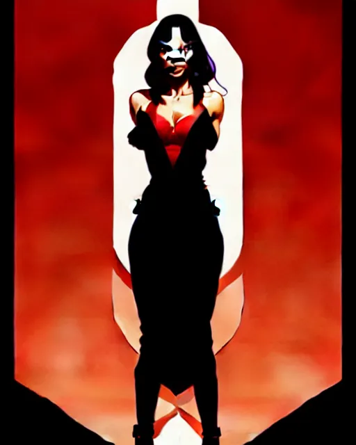 Image similar to artgerm, joshua middleton comic cover art, full body pretty megan fox holding a shotgun, red dress, symmetrical eyes, symmetrical face, long curly black hair, dark city background, cinematic lighting