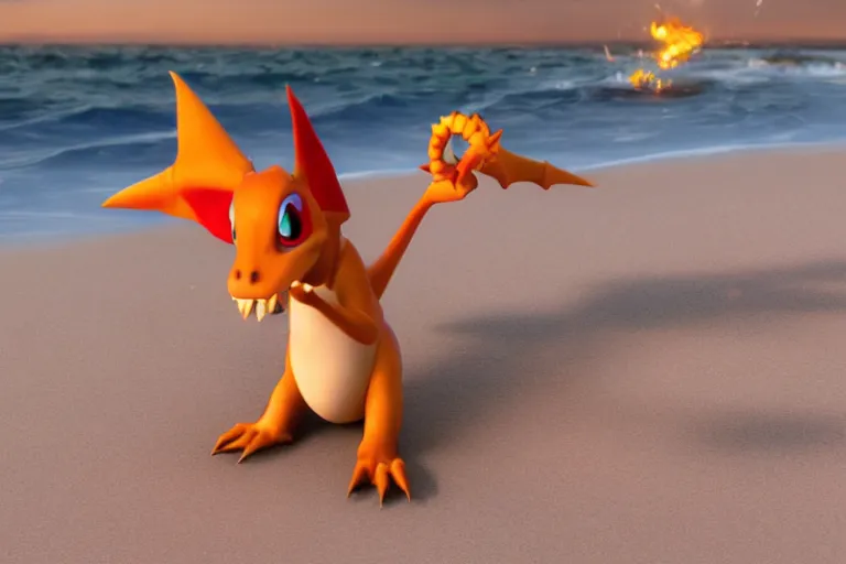 Image similar to still from a Pixar movie of a Charizard being washed up on the beach, high quality 3d render, movie, Pixar, Renderman, 4k, artstation