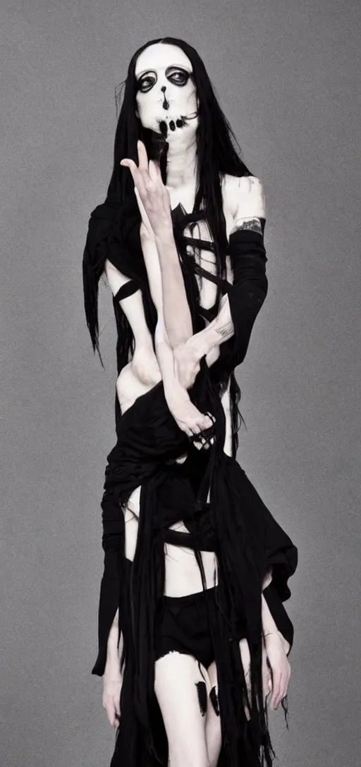 Prompt: goth rendition of a cult leader wearing rick owens