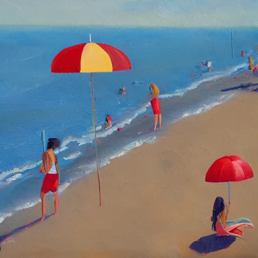 Image similar to a painting of people on a beach with umbrellas, satellite view, a painting by Sally West, featured on tumblr, action painting, oil on canvas, painterly