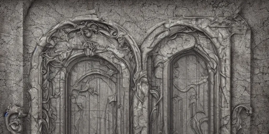 Image similar to 3 d render of a mystical door, ultra detailed with carved stone