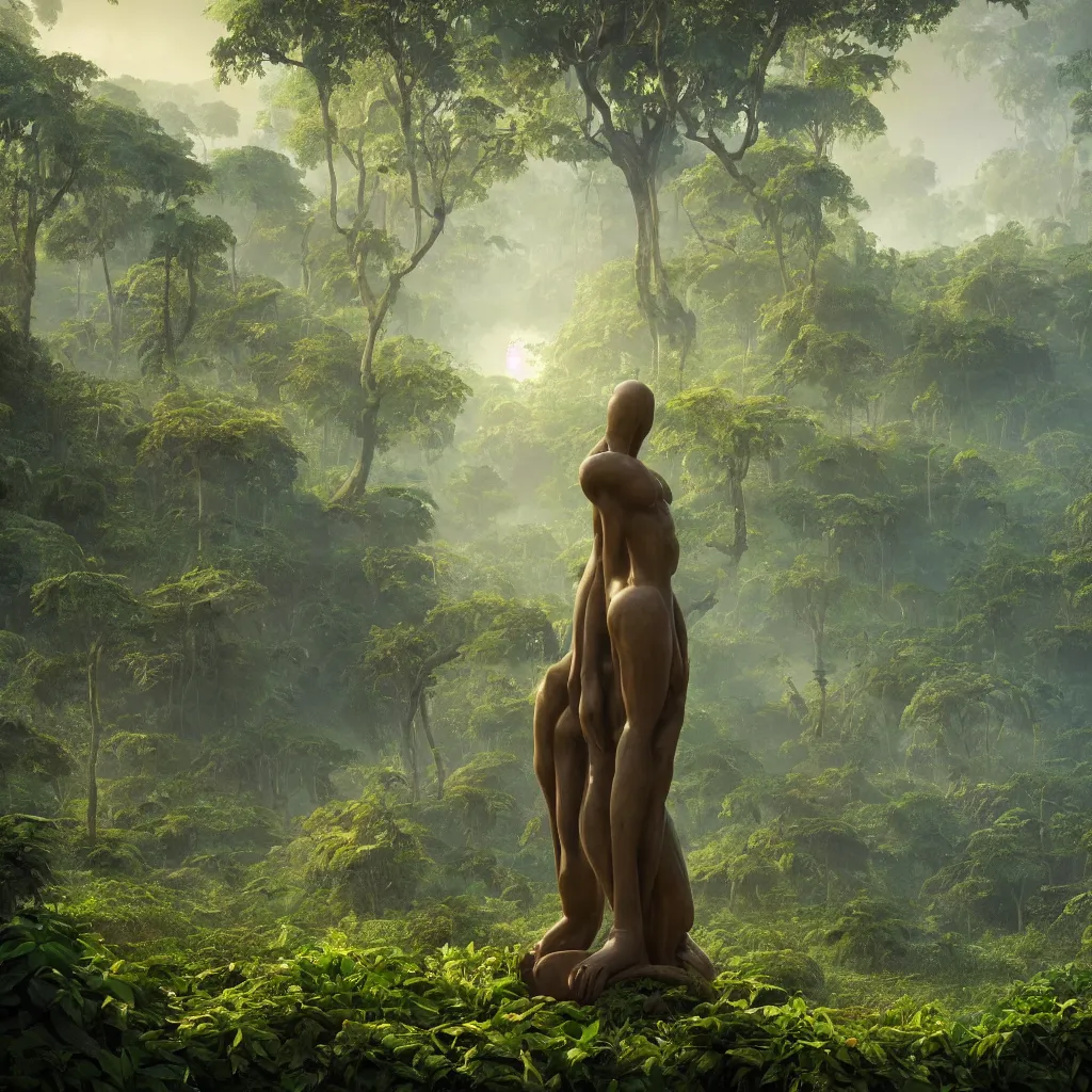 Prompt: giant anonymous statue, beautiful jungle landscape, beautiful vines growing, in the style of beeple and mike winkelmann, intricate, epic lighting, cinematic composition, hyper realistic, 8 k resolution, unreal engine 5, raytracing, reflections, happy colors