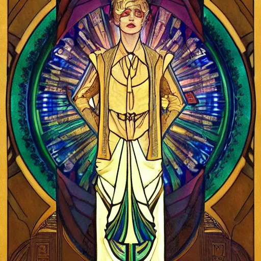 Image similar to a dramatic ethereal epic symmetrical painting of a handsome hilary clinton | tarot card, art deco, art nouveau, steampunk, realistic | by louis comfort tiffany and alphonse mucha | trending on artstation