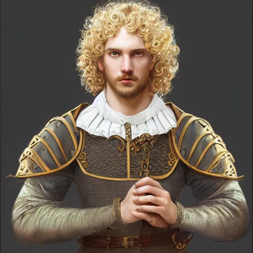 Prompt: blonde curly-haired medieval nobleman, D&D, doublet, painted fantasy character portrait, highly detailed, digital painting, artstation, concept art, sharp focus, illustration, art by artgerm and greg rutkowski and alphonse mucha