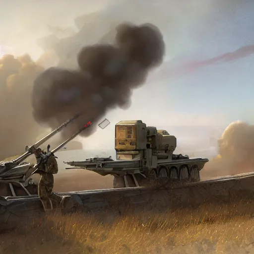 Prompt: himars rockets hitting russian base digital painting, artstation, concept art, soft light, hdri, smooth, sharp focus, illustration, fantasy, intricate, elegant, highly detailed, D&D, matte painting, in the style of Greg Rutkowski and Alphonse Mucha and artemisia, 8k, highly detailed, jurgens, rutkowski, bouguereau, pastoral, rustic, georgic