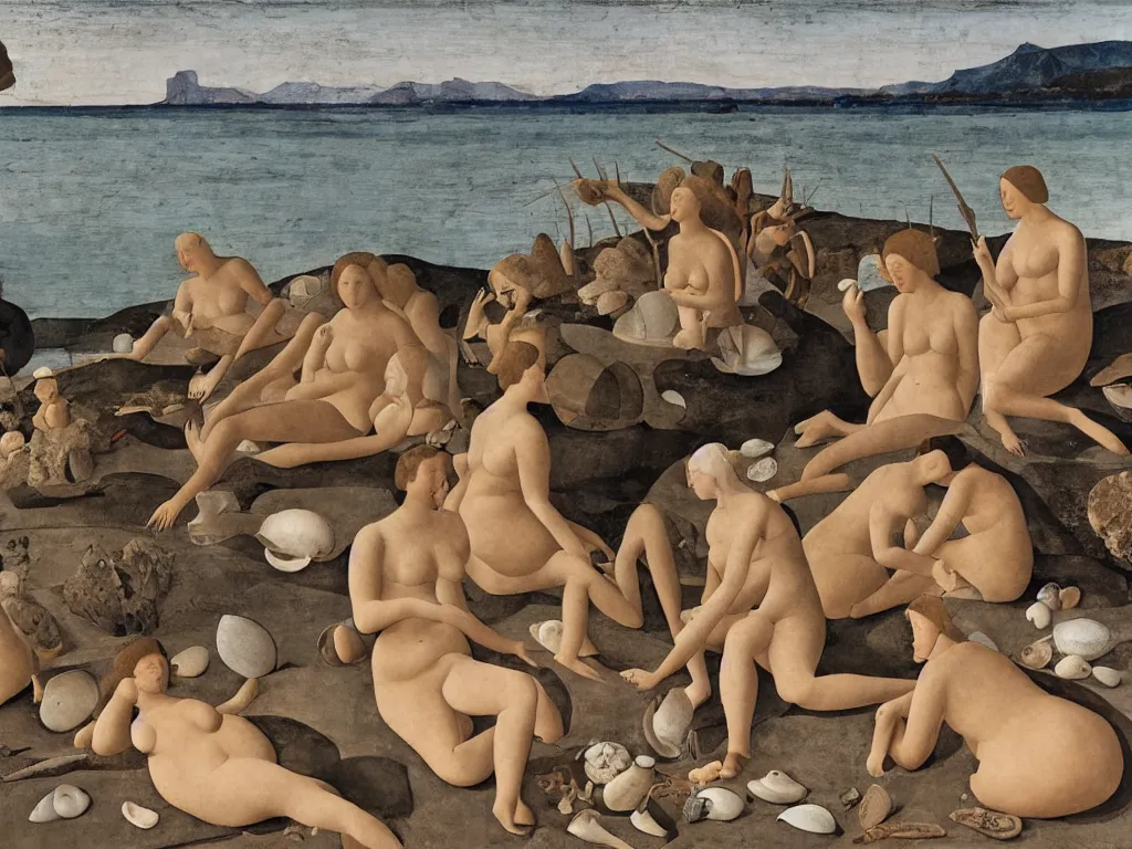 Image similar to Women and men sitting on the sand collecting sea sea shells and corals. Landscape sculpted by Henri Moore. Painting by Piero della Francesca, Morandi, Balthus