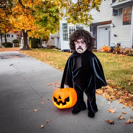 Image similar to peter dinklage trick or treating on halloween, ( sony a 7 r iv, symmetric balance, polarizing filter, photolab, lightroom, 4 k, dolby vision, photography awardm, voque, perfect face )