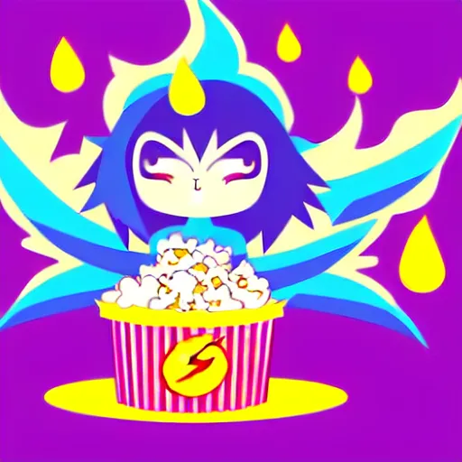 Image similar to kawaii wacky fluffy popcorn with lightning bolt power, yokai, in the style of a manga character, with a smiling face and flames for hair, sitting on a lotus flower, white background, simple, clean composition, symmetrical