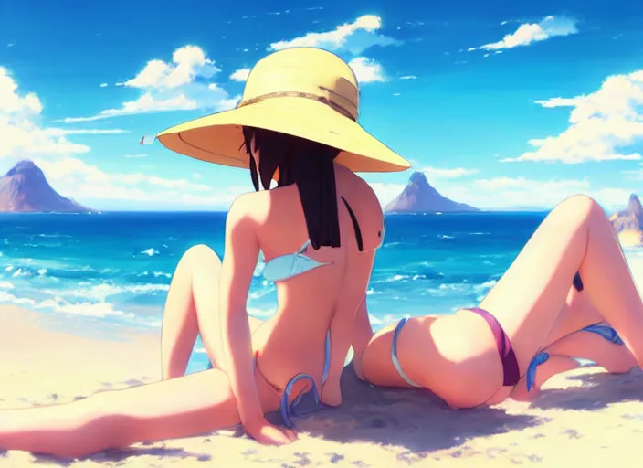 Image similar to a cute girl in a bikini and sunhat sitting on a towel on the beach, rocky mountains far in the distance, fluffy clouds on the horizon, by makoto shinkai an krenz cushart