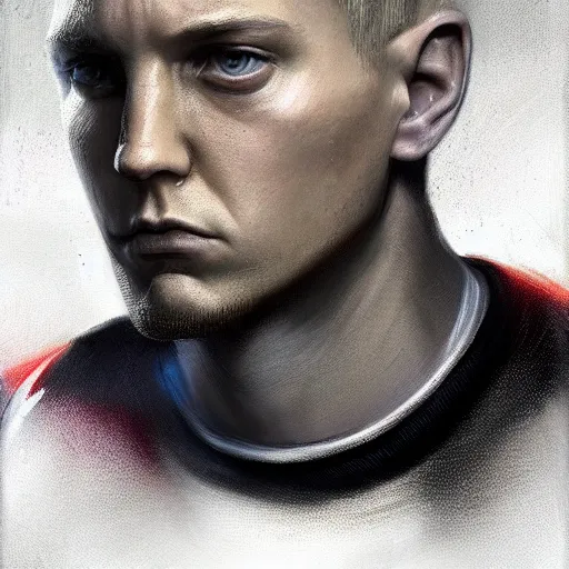 Image similar to portrait of eminem as a shocked man by greg rutkowski, he is about 3 0 years old, short blond hair, athletic and strong, straight jaw, wearing futuristic timepunk space gear, highly detailed portrait, digital painting, artstation, concept art, smooth, sharp foccus ilustration, artstation hq.