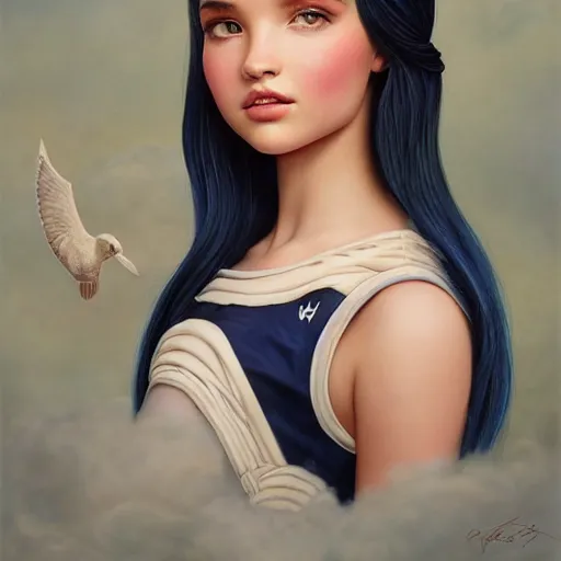 Prompt: tom bagshaw portrait, very beautiful mix of dove cameron and madison beer and bella poarch in a sailor suit flirting smile, randomly lustrous dyed hair, professionally retouched, focus eyes, ultra realistic soft painting, insanely detailed linework, symmetrical accurate intricate features, behance artstation, 8 k, - signature