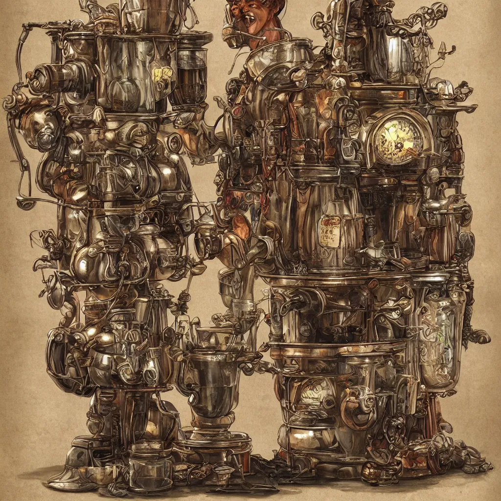 Prompt: highly detailed illustration of an ancient coffee machine, by Simon Stalenhaag, by Yoshita Amano, by Esao Andrews, sharp focus, fresh colors, conceptart, trending on artstation