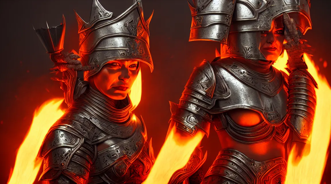 Prompt: epic portrait of female orc in plate armour and crown of fire by cleavanger and elvgren epic awesome gorgeous symmetrical perfect octane vfx maya render realistic