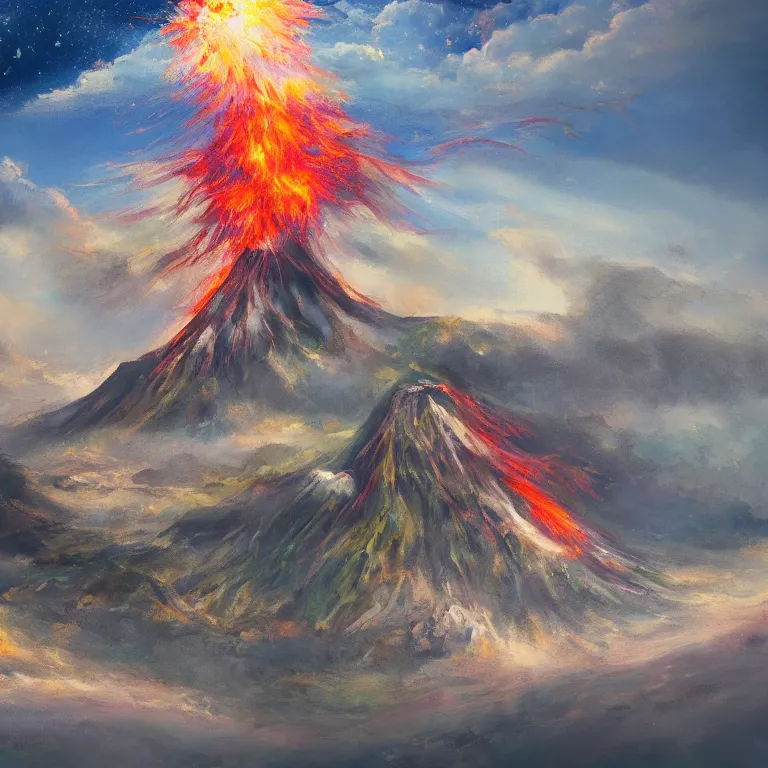 Image similar to a painting of a volcano from which come out flowers and stars exotic plants, all this happens in some kind of fantasy world, almost like in the sky or all in the amazing outdoors view, long exposure, 8 k resolution, trending on artstation