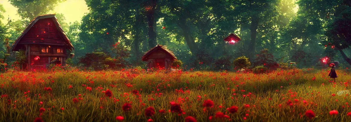 Image similar to stunning glowing crimson beehive with black accents, in a beautiful forest meadow village landscape, flowers, happy trees, photorealistic, octane render, rtx, hdr, unreal engine, digital art widescreen 8 k, studio ghibli, pixar, bee movie, disney