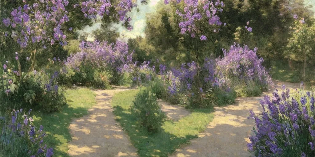 Image similar to enchanted garden, lavender and teal, pathway, flowers, high detail, very very very beautiful and realistic matte painting, naturalism, by Émile Friant,
