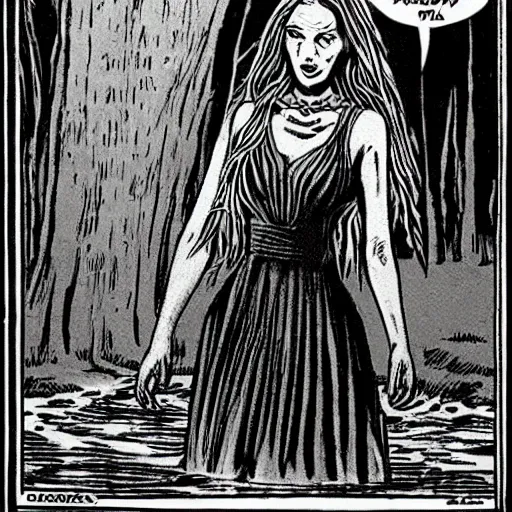 Prompt: tall slender woman with long grey hair in a black dress walking out of a swamp, by ec comics,