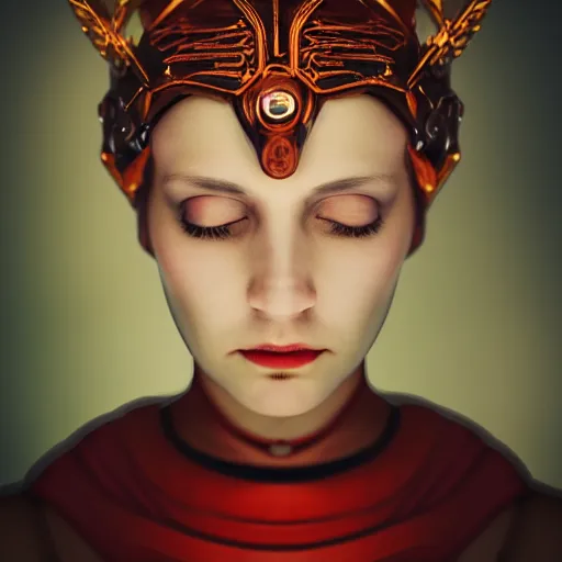 Image similar to portrait of a woman, small red eyes, unknown species, renaissance style, star wars character, volumetric lights, symmetry, headpiece, trending on artstation, sharp focus, leica, studio photo, intricate details, highly detailed